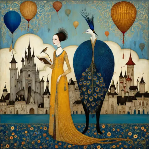 Art style by Klimt, Sam Toft, Florine Stettheimer, Dina Wakley, Catrin Welz-Stein, Gabriel Pacheco, Elisabeth Fredriks. An elegant tall woman in a long, saffron yellow coloured dress decorated with intricate blue motifssits on a blue cloth covered with int...