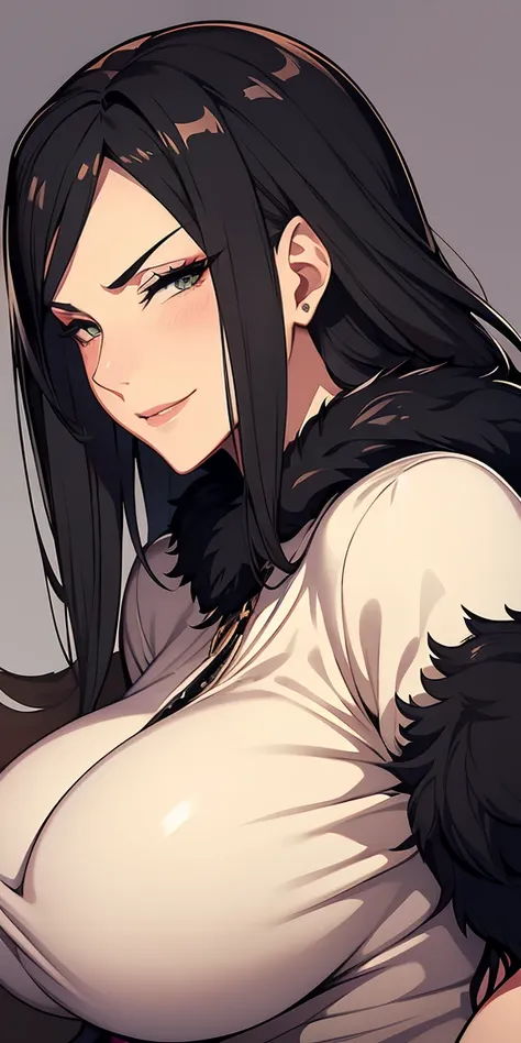 Milf, mature woman, elegant, (black hair), long hair, (silver eyes), casual clothes, (((buxom))), bodice, fur trim, portrait, upper body, curvaceous, 4k resolution, high quality, lurid smile, lewd smile, slight blush