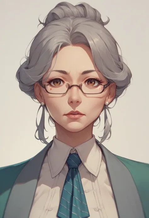 seiko ayase, mature female,grey hair, brown eyes,glasses,top knot