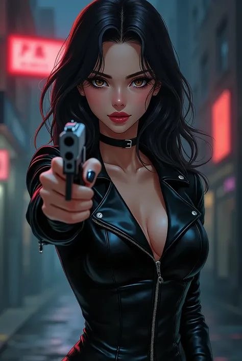  woman wearing leather jacket and carrying a handgun,feminine , Beautiful woman with style ,  anime illustration 、Various poses、Night incident scene 