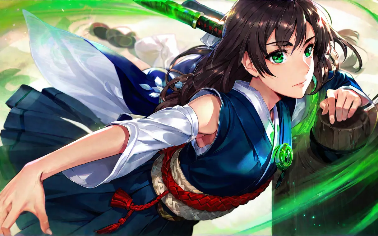 best aesthetic, lolsplashart, ponyyuna, heterochromia, blue eyes, green eyes, medium hair, hakama, detached sleeves