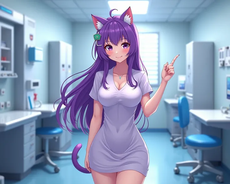  anime neko nurse latex dress 1 girl, Alone,  long hair, smile, violet eyes, Hair clip, Cat ears, In the patient room  