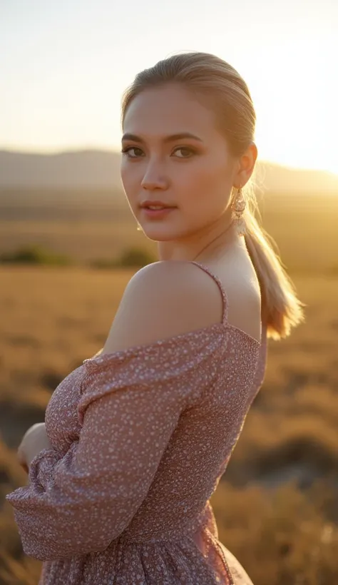 close-up portrait of a refined woman standing in a rugged cowboy stance, amidst a sun-kissed open range landscape. she wears a k...