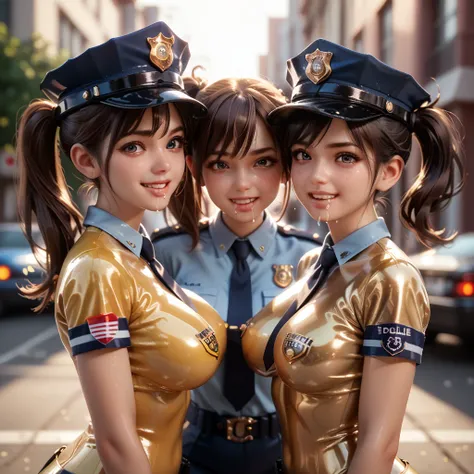 3 girls and in extremely tight shiny golden latex police, Are in school,  side ponytail, shiny hair, Breasts,  seductive smile, Reflected light, Lens reflection, saliva, salivafluss, salivaspur, Sanpaku, 