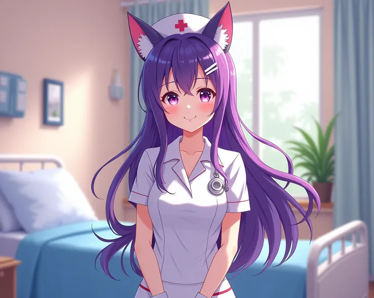  anime, neko, nurse, overall, 1 girl, Alone,  long hair, smile, violet eyes, Hair clip, In the patient room, latex handschuhe 