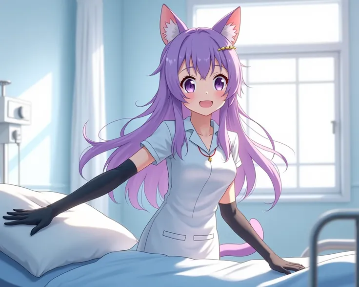  anime, neko, nurse, overall, 1 girl, alone,  long hair, smile, violet eyes, Hair clip, In the patient room, long black latex gloves 