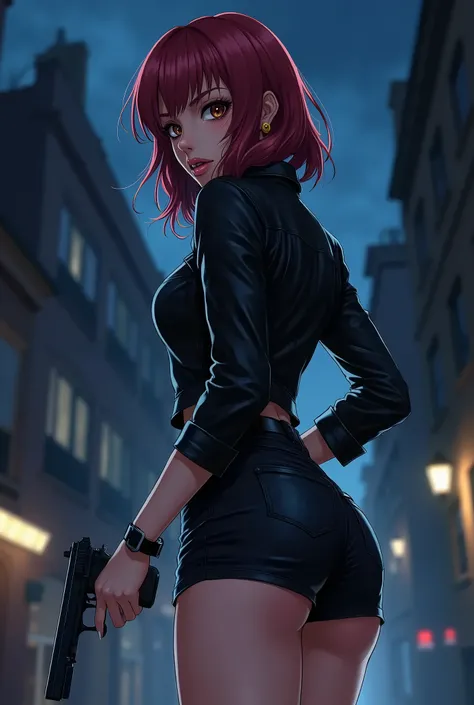  anime illustration 、 Detailed Details 、 woman wearing leather jacket and carrying a handgun、feminine , Beautiful woman with style、Rear view、Shapely butt、Turning Pose、Night incident scene 