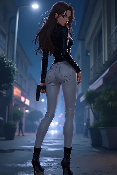  anime illustration 、 Detailed Details 、Leather jacket、White tight pants、woman holding a handgun、feminine , Beautiful woman with style、Rear view、whole body、Shapely butt、Turning Pose、Long legs、 boots、Night incident scene 