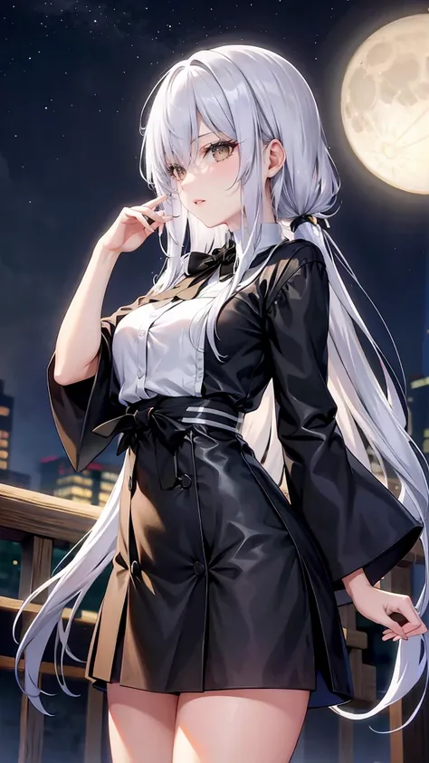  long silver hair 、  tension as the inner color for long hair, yellow eyes , Moonlight、 moonlight、、、, composition showing the whole body from head to toe、Chuckle、Older sister、Sexy Fashion、blouse、Belly button exposed、Tapered trousers、Night Beauty、A fearless...