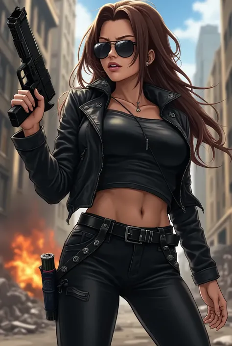 （ anime illustration 、 Detailed Details ), Big City Detective, long brown hair 、ティアドロップのsunglasses、 woman with medium bust,sunglasses, Black Leather Pants ,  black belt with magazine , black leather jacket with a great physique, military harness, , rivet,h...