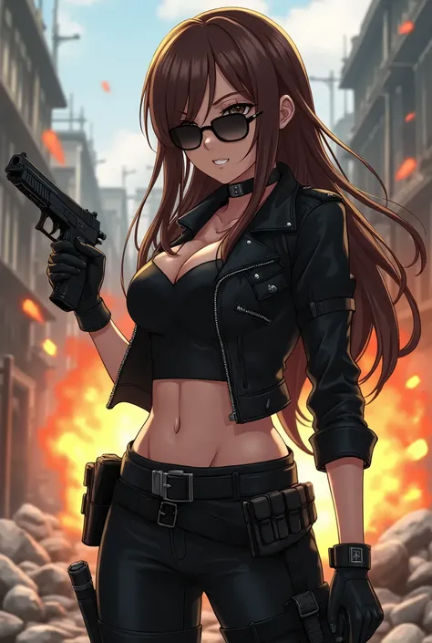 （ anime illustration 、 Detailed Details ), Big City Detective, long brown hair 、ティアドロップのsunglasses、 woman with medium bust,sunglasses, Black Leather Pants ,  black belt with magazine , black leather jacket with a great physique, military harness, , rivet,h...