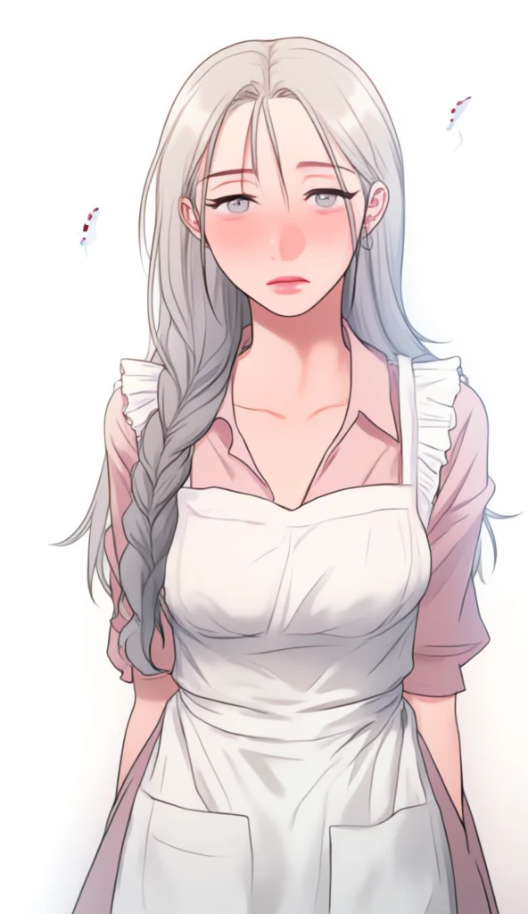 an animated image of a woman with long white hair and blue eyes. she is wearing a light pink shirt with a white apron over it. t...