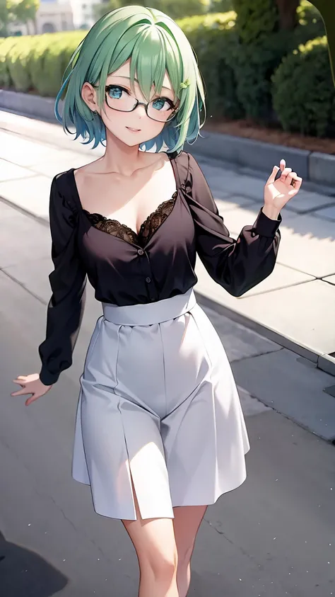  shoulder-length green hair,  small size breasts, Small breasts、Green Eyes, 、(((Ladylike))), composition showing the whole body from head to toe、 formal attire 、suit、teacher、(( look at me and your face))、Date、walk、Greetings 、Stylish、Glasses、