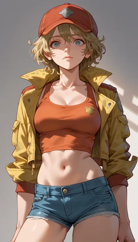 cindy aurum final fantasy 15, adult woman, matured face, sexy body, wearing short tanktop, midriff jacket, very short jeans,