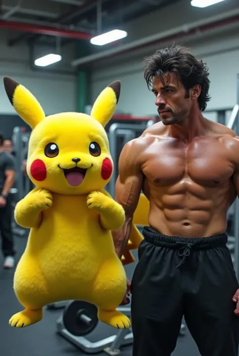 Pikachu with younger Sylvester Stallone at the gym