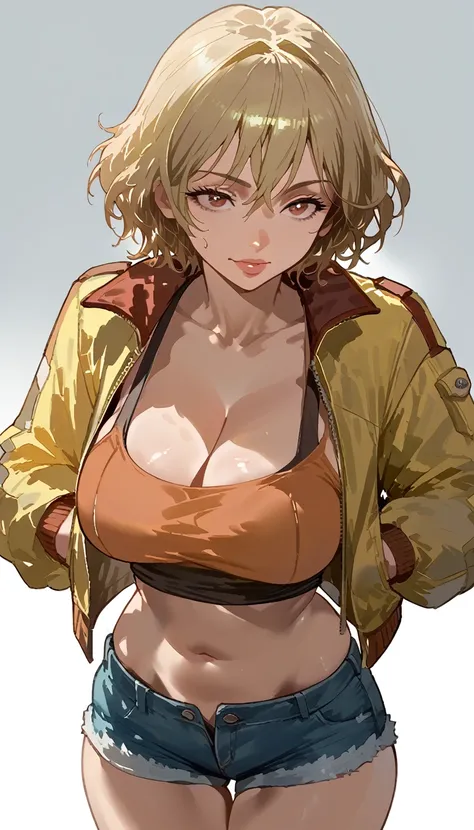 cindy aurum from final fantasy 15, adult woman, matured face, sexy body, wearing short tanktop, midriff jacket, very short jeans...