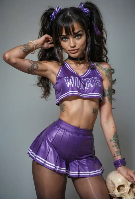 UHD, photorealistic, shiny seamless sheer silky smooth purple pantyhose, purple pantyhose, twin tails, scrunchy around her arm, realistic skimpy cotton material cheer costume, realistic tattoos on arms, holding a realistic skull