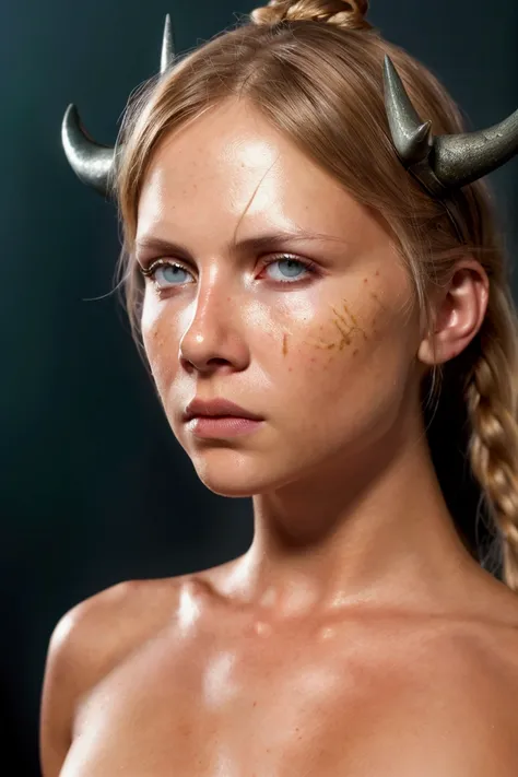 cinematic photography, nsfw, (full close-up portrait:1.2), (naked, woman warrior, viking headpiece, white skinned body), ,((skin...