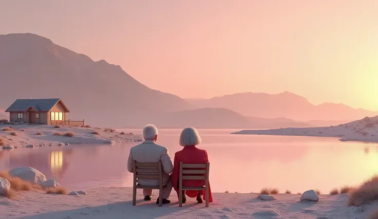 There is a pale pink lake on the large surface of the moon 、 there is a cute house standing on the far shore 、Light is leaking through the window 。On the shore a little further away 、 A kind-looking Western elderly couple is sitting on each chair、The old m...