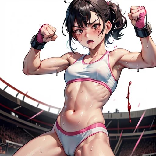 (((a Japanese muscular lady fighter is striking a girl fighters poor belly by her fist))) in the octagon fighting ring of underground arena with audience. the girl fighter is crying. The girl fighter is covered in (((blood))) and (((bruises))) , Short-cut ...