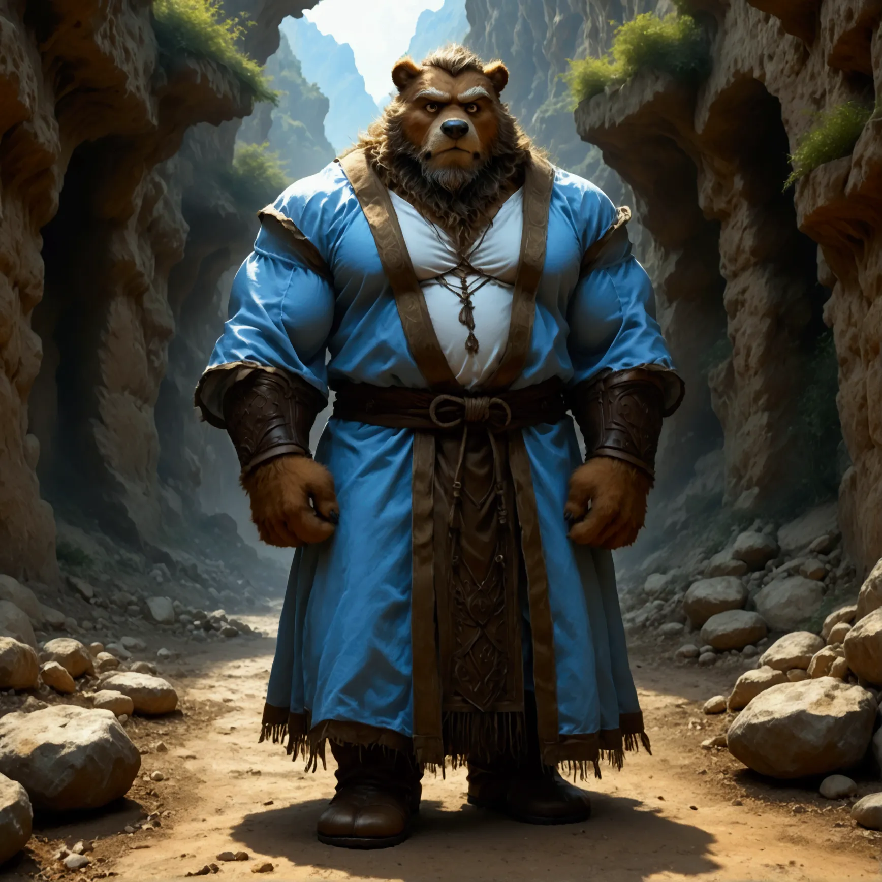 character focus, full body, looking away, various angle, european fantasy, wizard, a muscular middle-aged bear man, heroic costu...