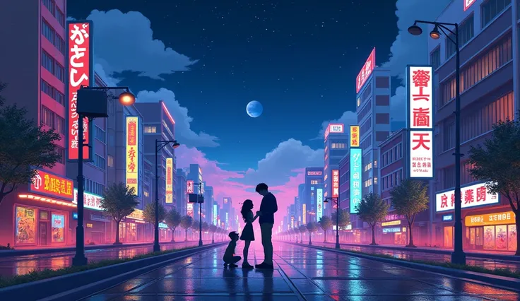 posters inspired by 80s aesthetics, including anime, nostalgic and colorful, night cityscape, perspective tokyo, people, love atmosphere, starry sky, high resolution, a unique landscape, pop art, flat paint, 3d rendering