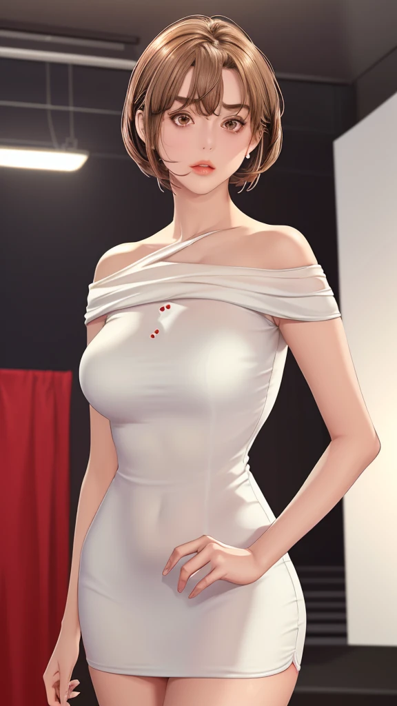 (（（figure，御姐figure,white and tender skin,（（（red hip wrap dress，short sleeve，off shoulder，）））,(（（soridef，brown eyes，brown hair，sh...