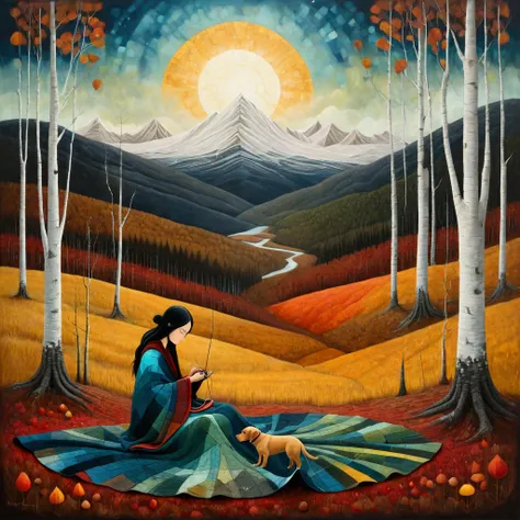 oil and acrylic painting. In the style of Andy Kehoe, Dave McKean. Landscape, a wide shot of a woman, balck hair, is sewing a wide patchwork blanket, with irregular triangular wefts with warm colors, brown ochre, red, sitting with her brown labrador dog, i...