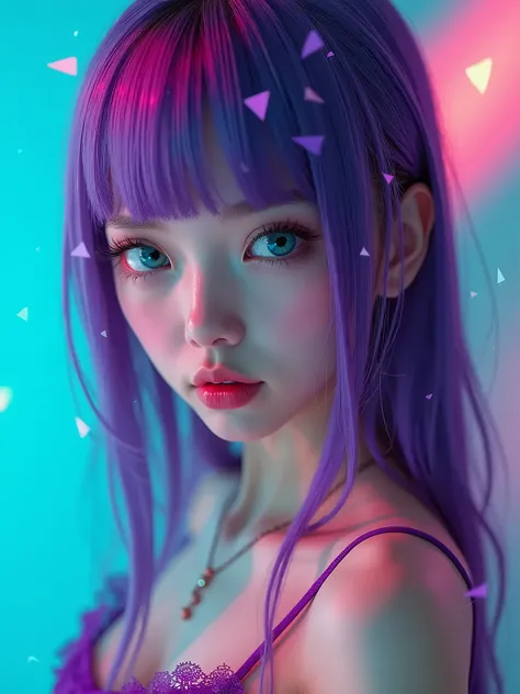 masterpiece, ultra detail, 8k, 1 girl, shiny droopy eyes, droopy eyes, large iris:1.5, big iris:1.5, ((big smile)), ((full body:1.2, from above)), An ultra-modern full body of a young woman with sleek, straight hair dyed in a gradient from purple to teal, ...