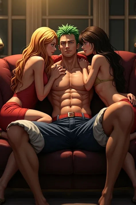 Roronoa Zoro was sitting on the couch and he was naked by Nami and Robin