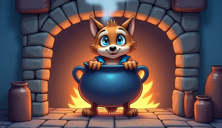 a brown wolf with blue eyes, wearing blue overalls, is inside a cauldron, inside a chimney, rens animation style