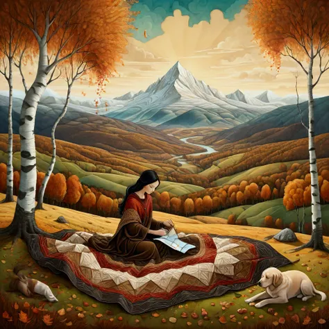 digital painting elegant intricate very attractive beautiful acrylic art ink and pen in the style of Amanda Clark, Jacek Yerka, Benjamin Lacombe and Amanda Sage. Landscape, a wide shot of a woman, balck hair, is sewing a wide patchwork blanket, with irregu...