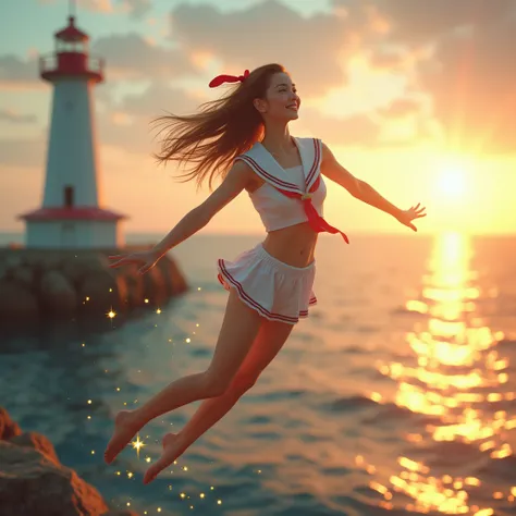 Haunting Live-Action, Extremely Detailed Innocent JK to Dive from top of Lighthouse on Breakwater. Magic Hour Miracle, Sparkling, Joyful Expressions LifeLike Rendering, MotionBlur, (XLabs F.1 Realism LoRA V1), White Sailor Uniform with Thongs, Red Ribbon P...