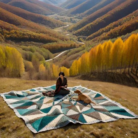 In the style of Albena Vatcheva. Landscape, a wide shot of a woman, balck hair, is sewing a wide patchwork blanket, with irregular triangular wefts with warm colors, brown ochre, red, sitting with her ((brown)) labrador dog, in a clearing of a birch and ch...