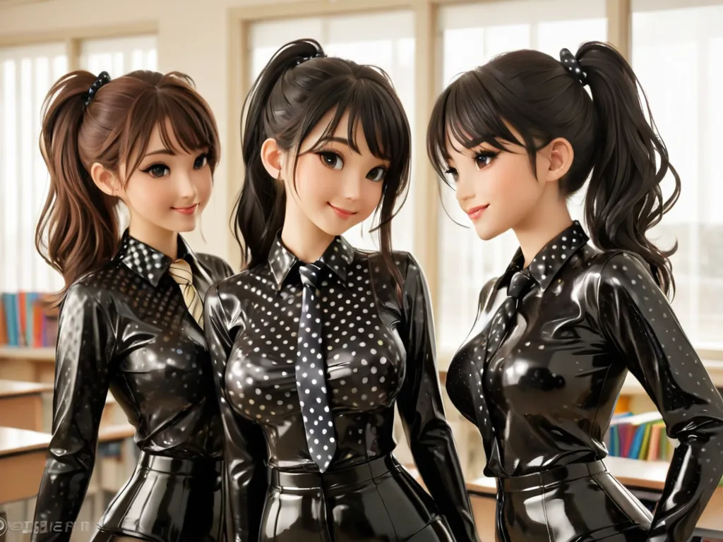 3 girls and buttoned in extremely tight shiny black latex blouse with polka dot pattern, are in school,  side ponytail, shiny ha...