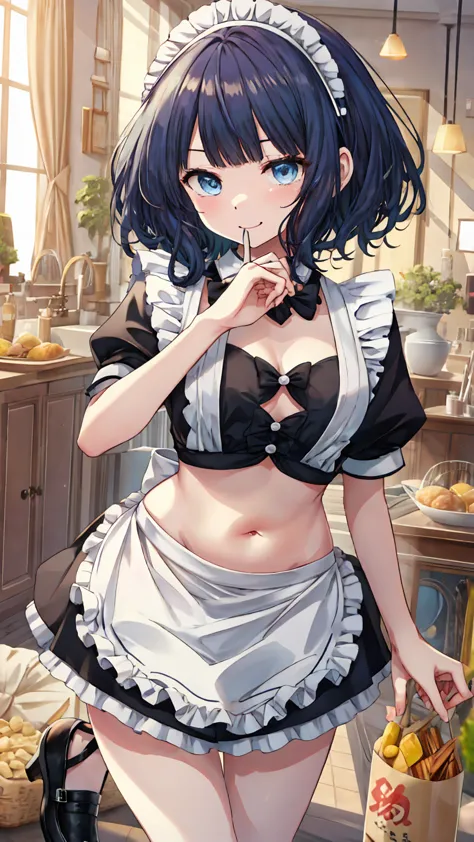 ( upper body:1.3),anna yanami,ahoge, medium hair, blue hair , side lock,bangs, blue eyes, break ( maid clothes:1.4), ( black sui...