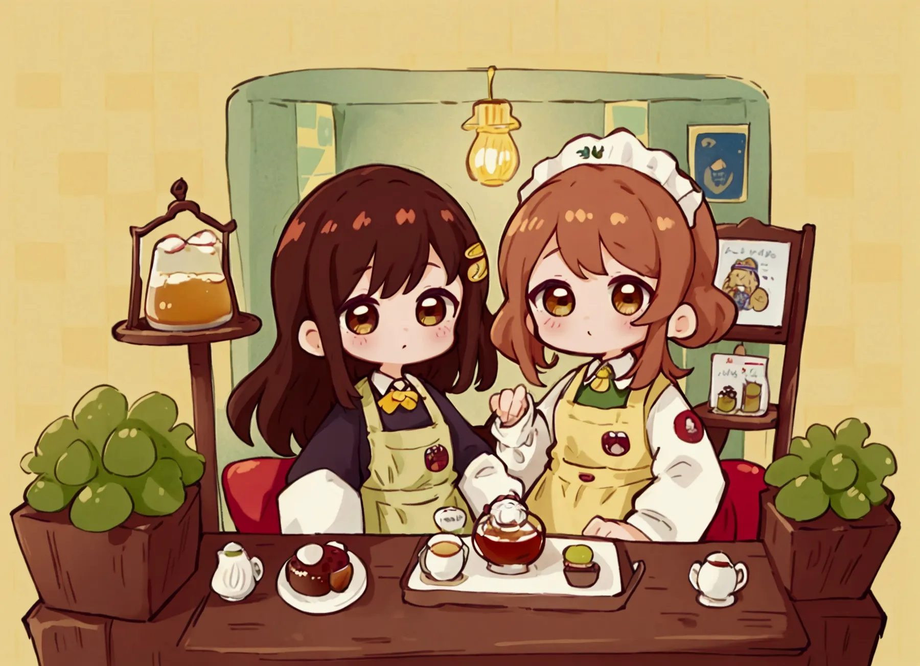 cartoon picture of a cafe there were two girls working there, one of them with short red black long hair, brown eyes, wearing ye...