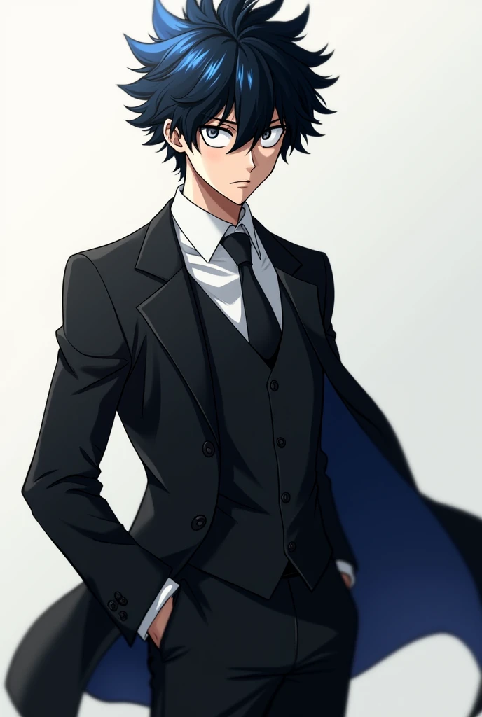 Seventeen-year-old anime boy with black hair with blue tips, gray eyes, sharp and muscular physique in an elegant black suit (My Hero Academia anime style)