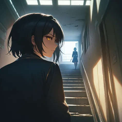 a girl with black short hair, wearing a uniform, with a slightly frightened expression, descending the dark stairs of an abandon...