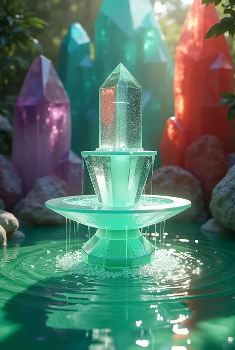 Fountain made of crystal with emerald green water and colored quartz in the background