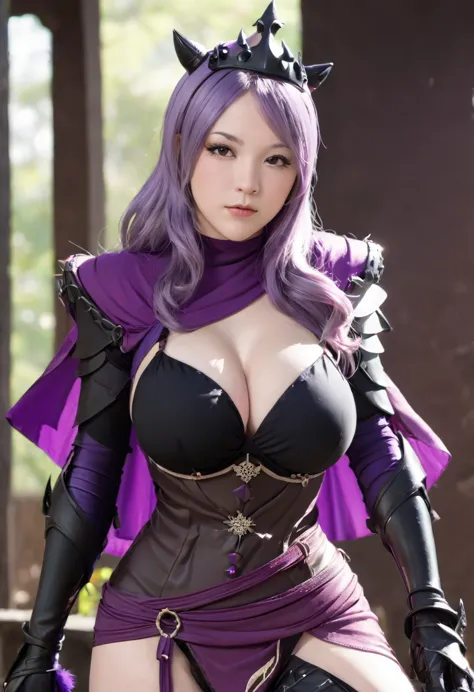 defcm, hair over one eye, black tiara,purple capelet, black armor, cleavage, gauntlets, gloves, armored legwear, black panties, ...