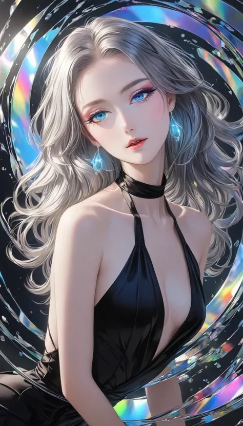 selfie, from above, looking up, conceptual installation art, cool beauty, silver glossy silky disheveled hair, makeup, amorous and lewd expression, cortesy, elegance, dignity, captivating eyes, (thin flat slender body line:1.4), wearing black satin halter ...