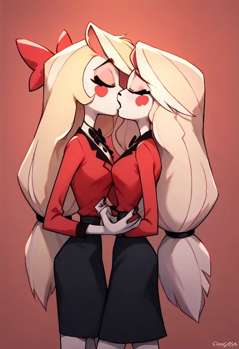 Charlie Morningstar, Vaggie Hazbin Hotel, 2 girls, deep kiss, yuri, closed eyes, side view, blonde girl, white hair girl, red bow, red tuxedo, girl taller than another, red shirt, black skirt,