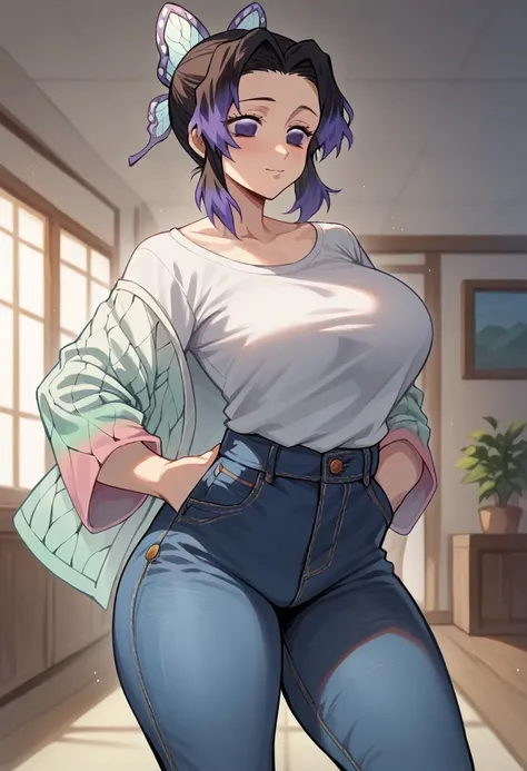 Shinobu Kocho,without upper garment, jeans,  voluptuous body, showing big tits, buena calidad,Good detail, masterpiece,  perfect and detailed face ,  perfect and detailed background ,HD, 8K, 4k,good anatomy,Sin Haori, Room 