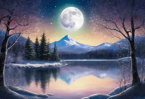 a full, radiant moon shining softly in the sky, set against a tender, fairytale-like nature background. the scene has a gentle 3...