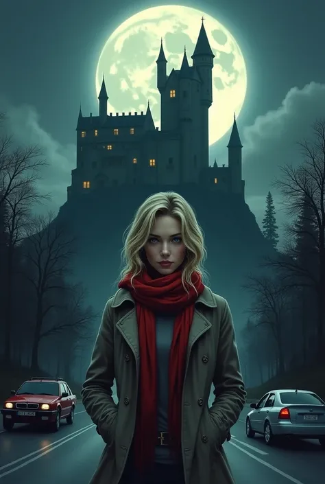 The image is a digital illustration of a young woman with blonde hair. She is standing in front of a castle with a full moon in the background. The woman is wearing a trench coat and a red scarf around her neck. She has a serious expression on her face and...