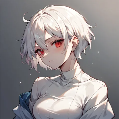 Make a character with red eyes. Her short hair .  white-haired