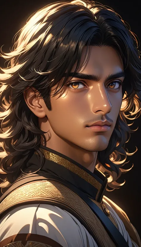 Beautiful Arabian Man with black hair and white strands, hair over shoulder, wavy hair, eye reflection, tanned skin, dark eyes, high detail, soldier, anime style, chiaroscuro, glowing light, Fujicolor, 8k, anatomically correct, textured skin, highres, best...