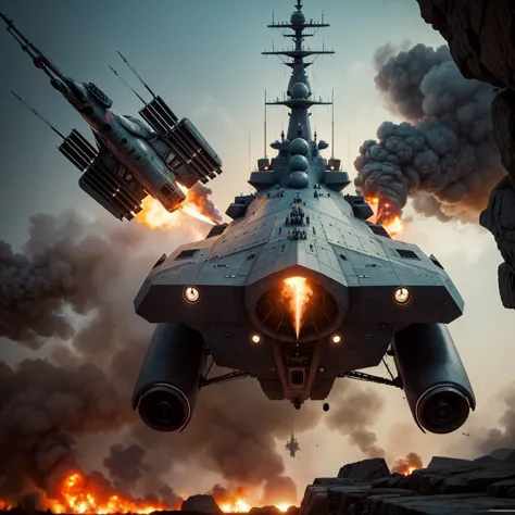 a spaceship battleship firing a broadside with its turrets at distant spaceship that is trailing fire, masterpiece, best, photo ...