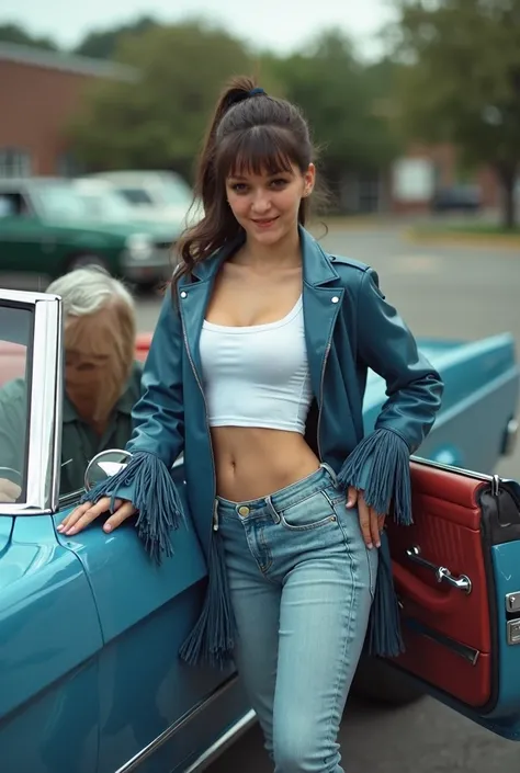 RAW, analogue, Nikon Z 85mm, award-winning glamor photography, ((best quality)), ((masterpiece)), ((realistic)),  brunette girl as a schoolgirl, real tight pale blue denim jeans, a white full t-shirt and an blue leather coat with fringe on the sleeves, thi...